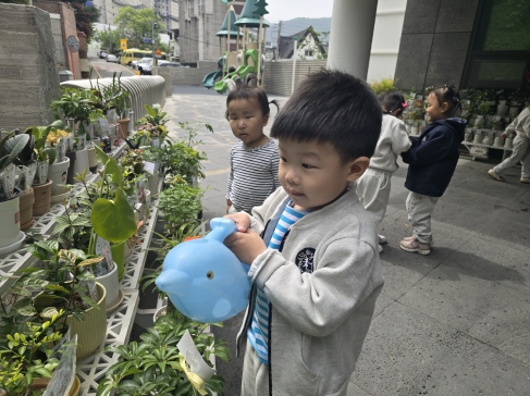 화분에 물을 주었어요! 잘자라거라~